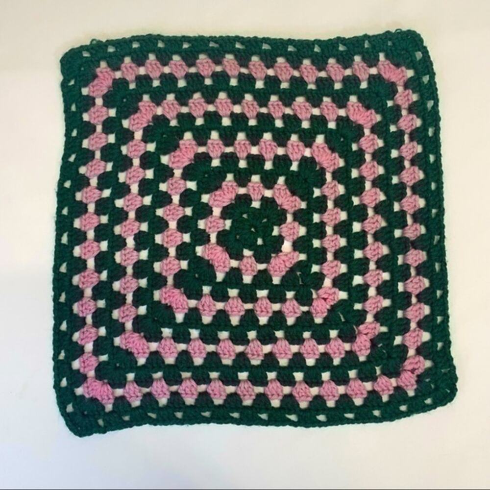 Handmade Crochet Centerpiece Square Throw Decor Accent Piece Green and Pink